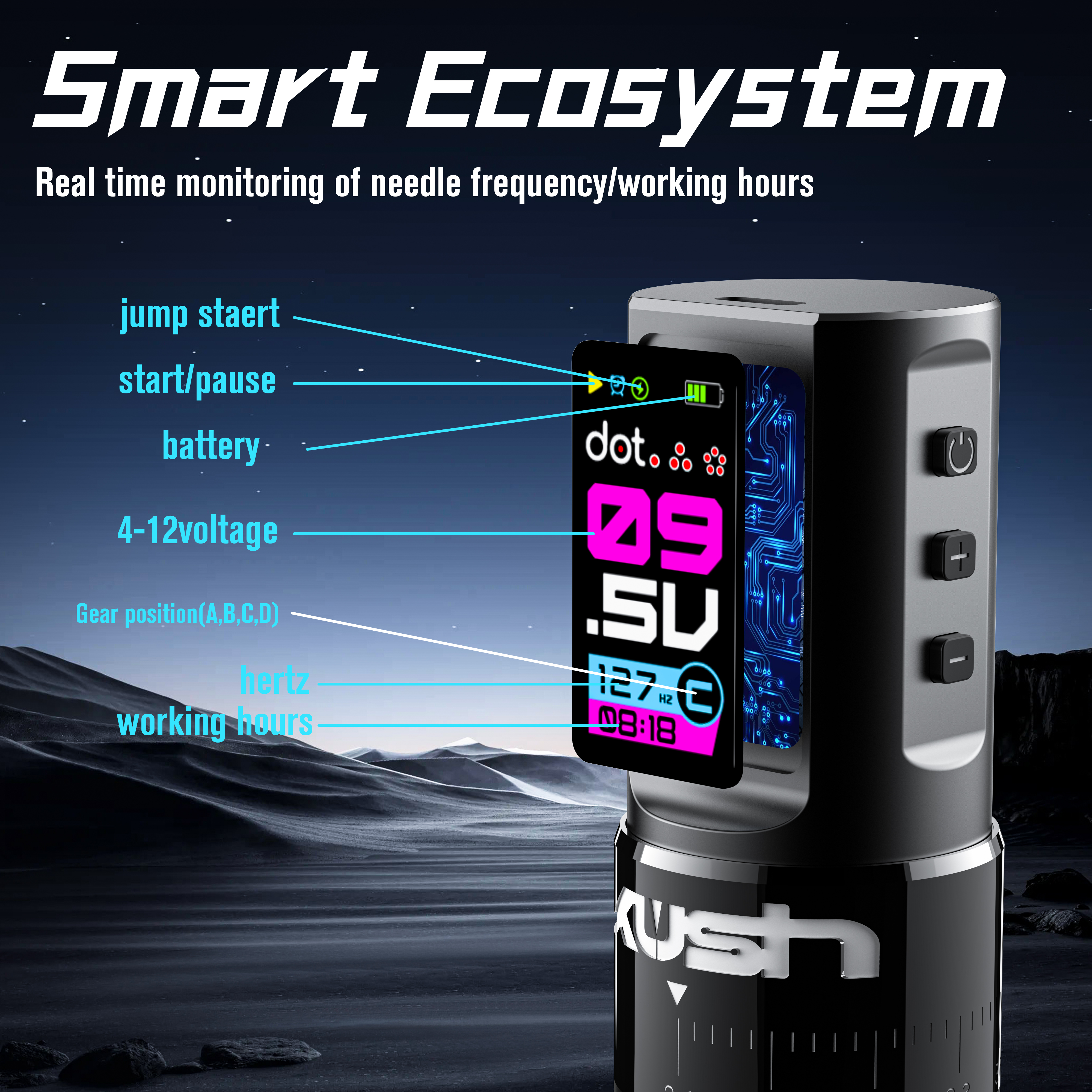 INKONE KUSH Black - Wireless Tattoo PROFI Pen Maschine verstellbar New Generation - 2xAkku